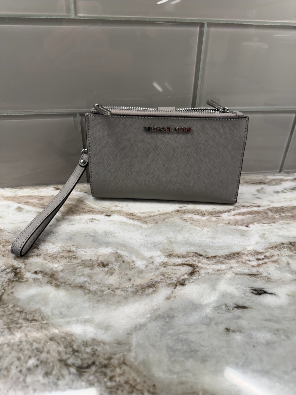 Michael Kors Light Grey Leather Wristlet Clutch